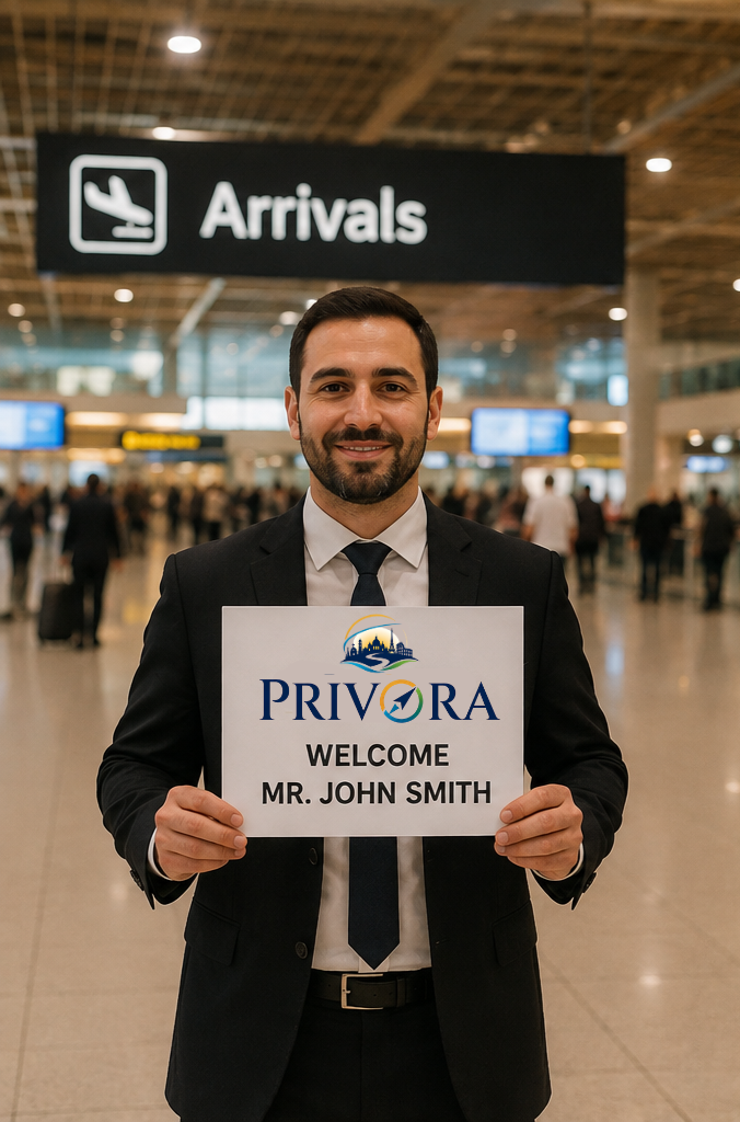 Privora driver waiting in Lisbon Airport arrivals with a name board