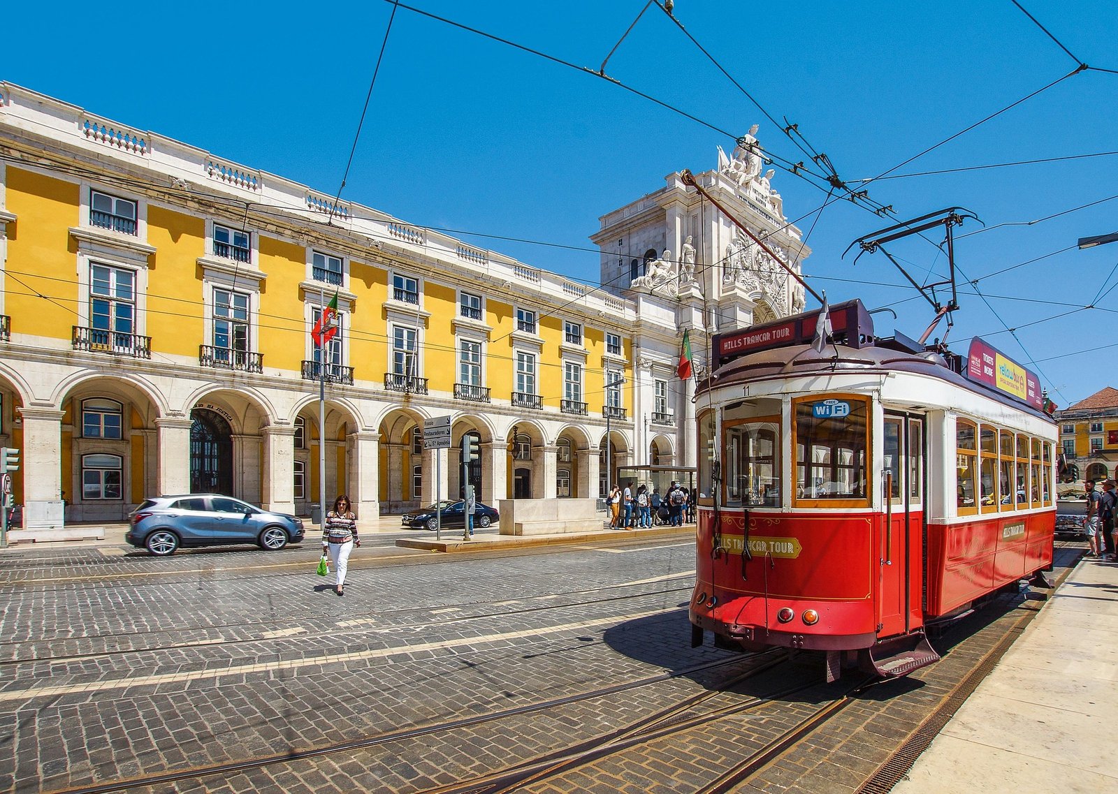 Tram climbing through the Alfama district, Lisbon
